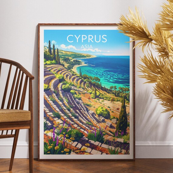 Cyprus Terraced Coastline Mediterranean Cliffs Blue Bay Travel Poster