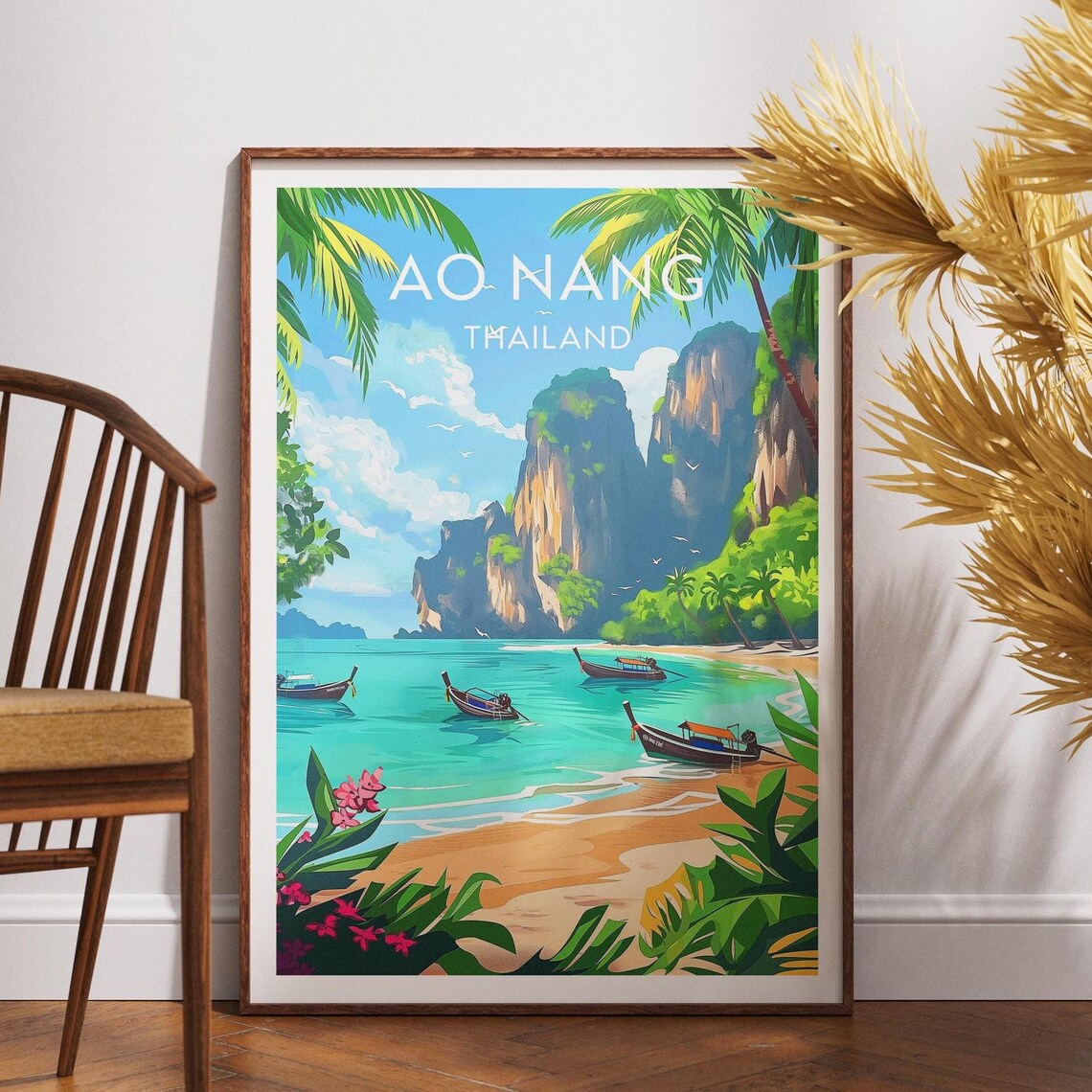 Ao Nang Thailand Beach Longtail Boats Limestone Cliffs Travel Poster
