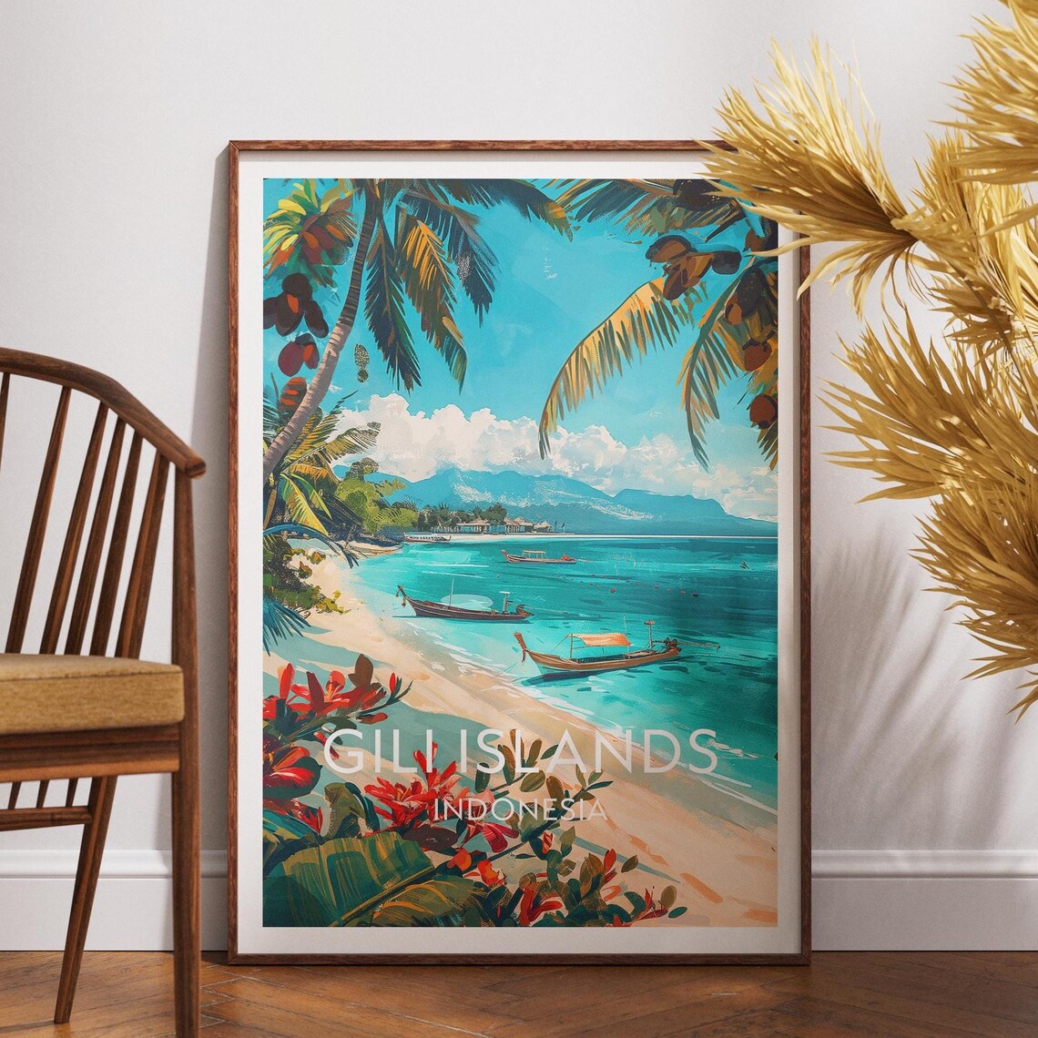 Gili Islands Indonesia Turquoise Beach Boats Palm Trees Poster