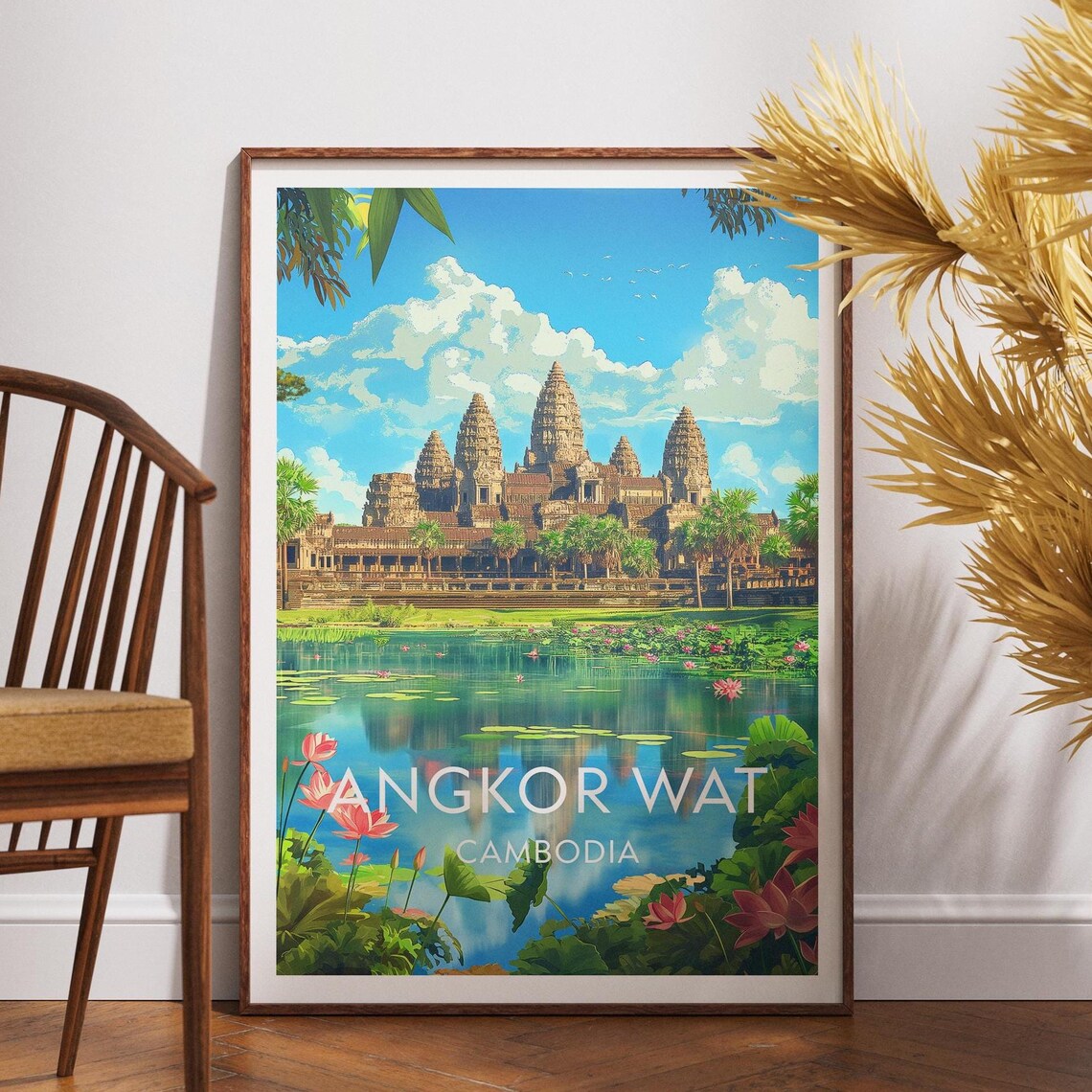 Angkor Wat Cambodia Temple Lotus Pond Bright Blue Sky Travel Poster