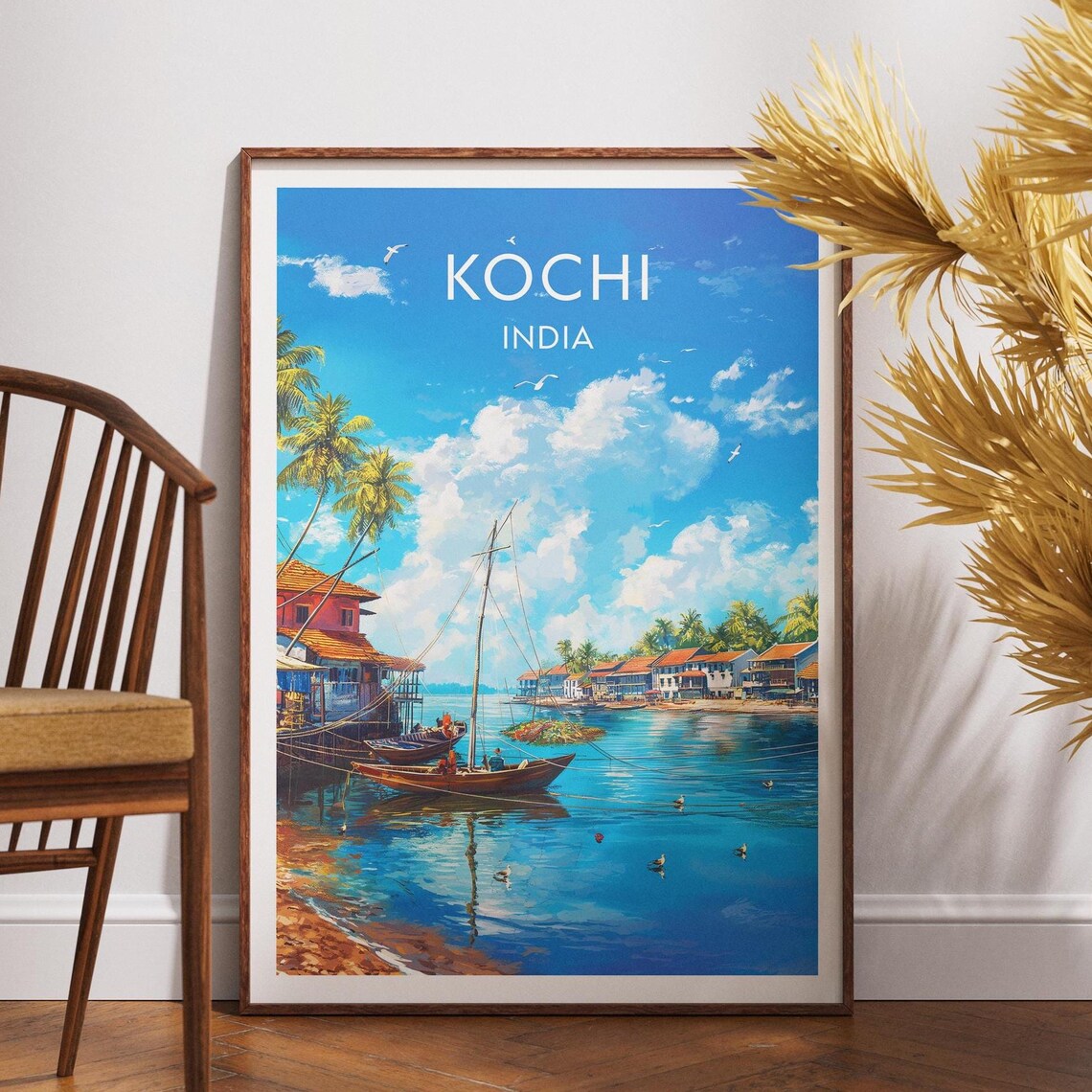 Kochi India Harbor Boats Palm Trees Top Title Edition Travel Poster