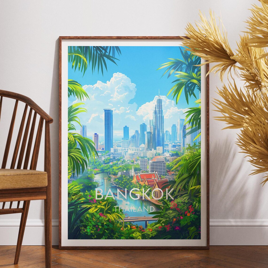 Bangkok Thailand City Riverfront Skyline Palm Garden Travel Poster