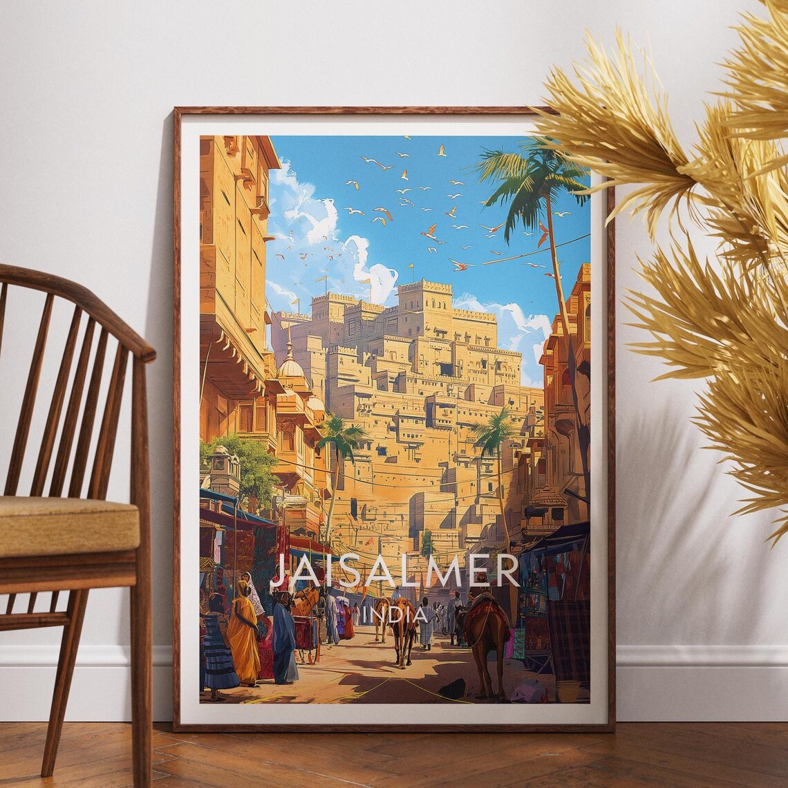 Jaisalmer India Golden Fort Desert Street Camels Bottom Travel Poster
