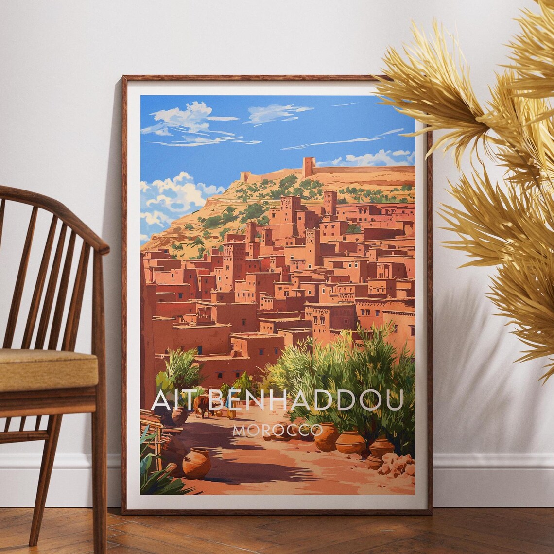 Ait Benhaddou Morocco Sunlit Clay Kasbah Blue Sky Travel Poster