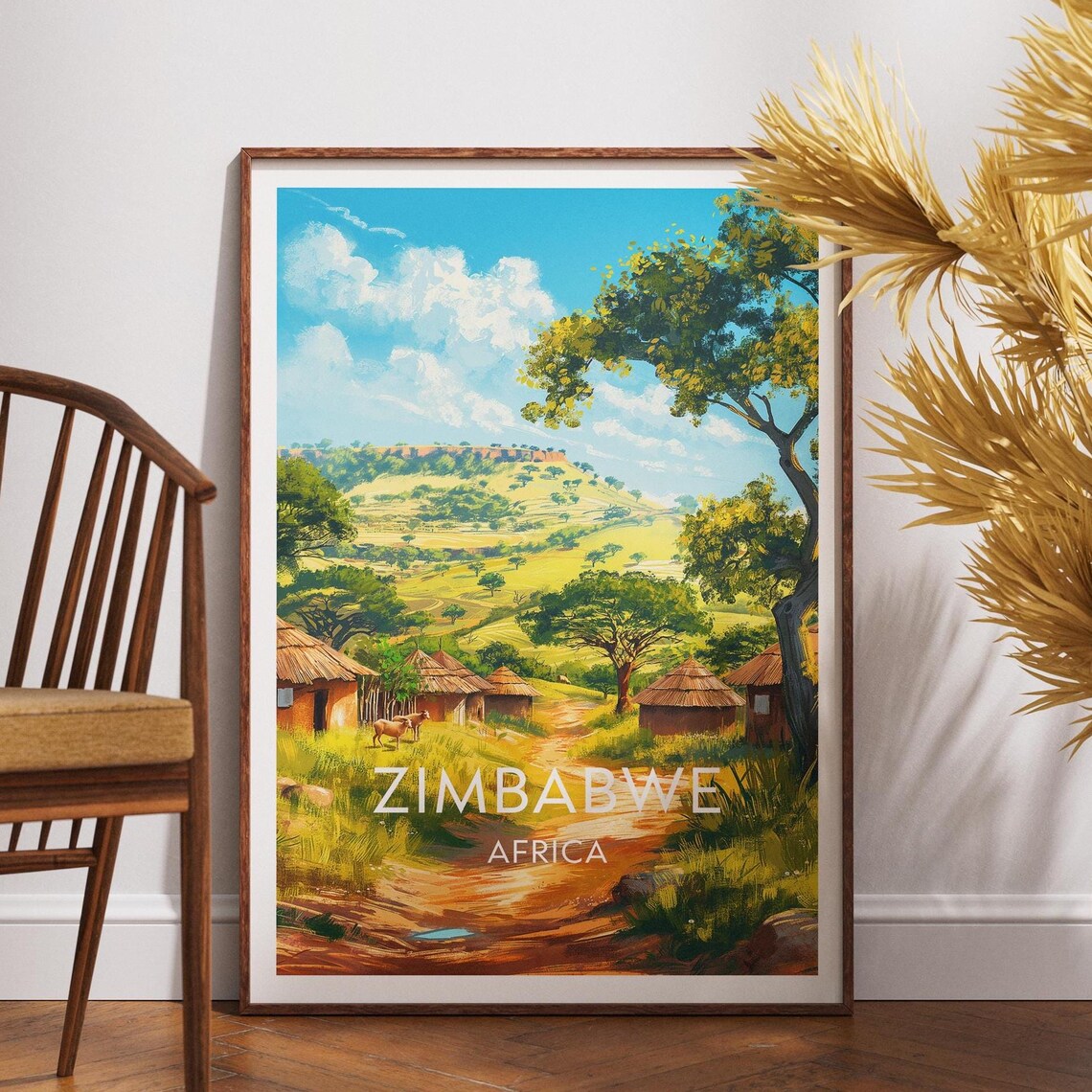Zimbabwe Africa Village Huts Hills Sunlit Country Travel Poster