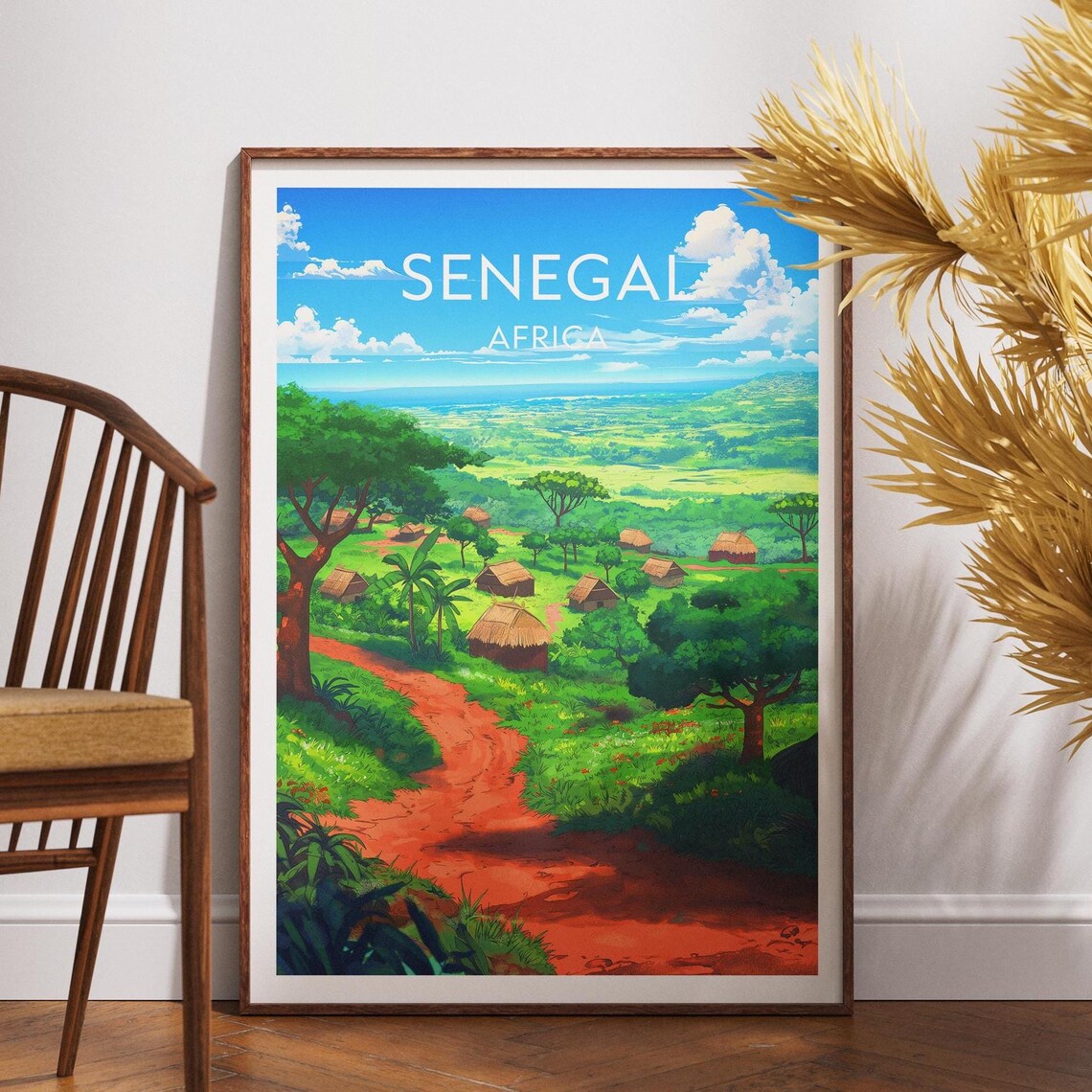 Senegal Africa Thatched Huts Valley Green Hills Vintage Travel Poster