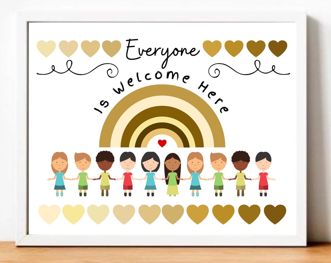 Everyone Is Welcome Here Kids Diversity Rainbow Classroom Poster