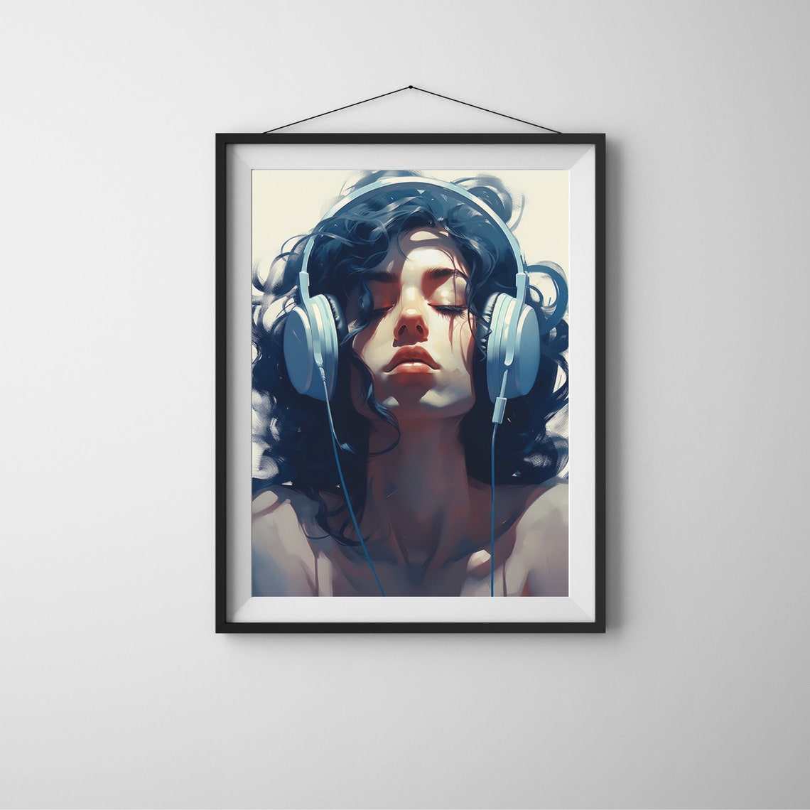 Woman With White Headphones Lost in Music Portrait Art Poster