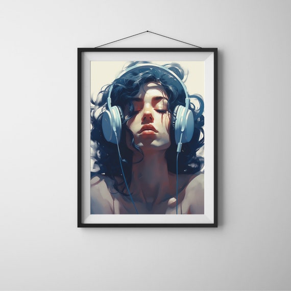 Woman Listening Music Wall Art Girl To Gift For Lovers With Headphones Print