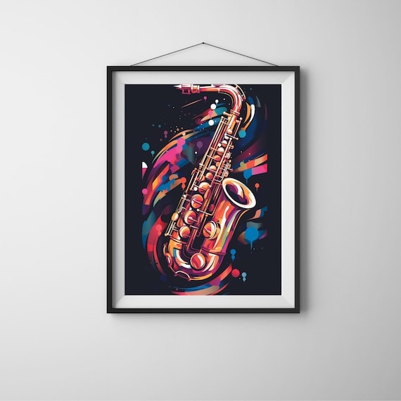 Colorful Golden Saxophone with Neon Paint Splash Music Poster
