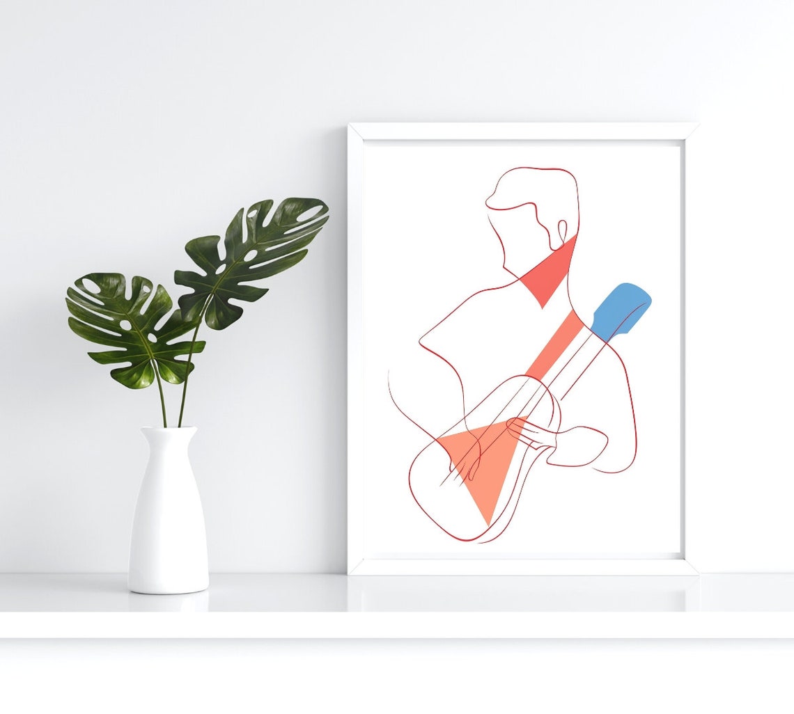 Minimalist Man Playing Guitar Boho Line Art Music Wall Instrument Prints Simple Sketch