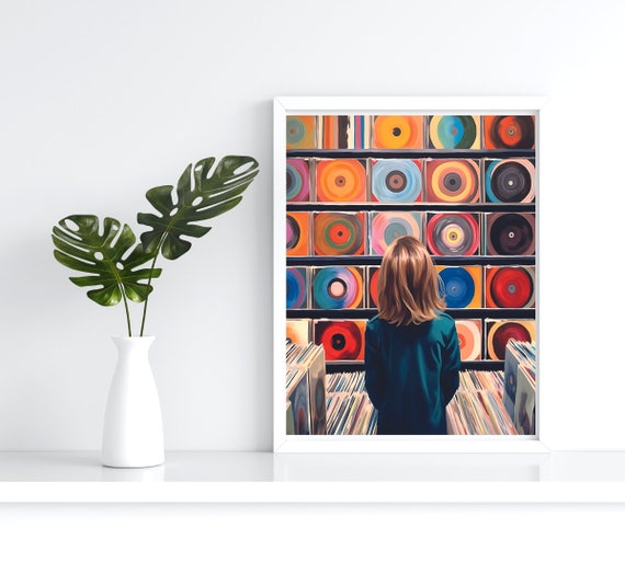 Girl In A Music Store Wall Art Vinyl Record Decor Colorful