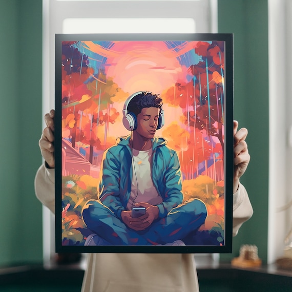 Anime Boy With Headphones Sunset Garden Lofi Music Art Poster