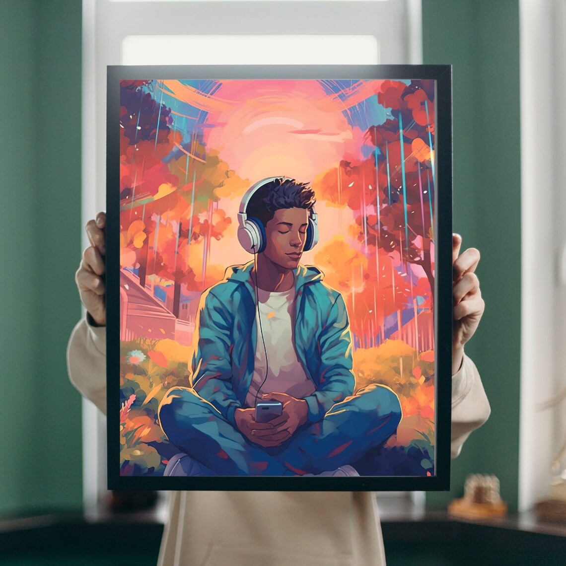 Anime Boy With Headphones Sunset Garden Lofi Music Art Poster