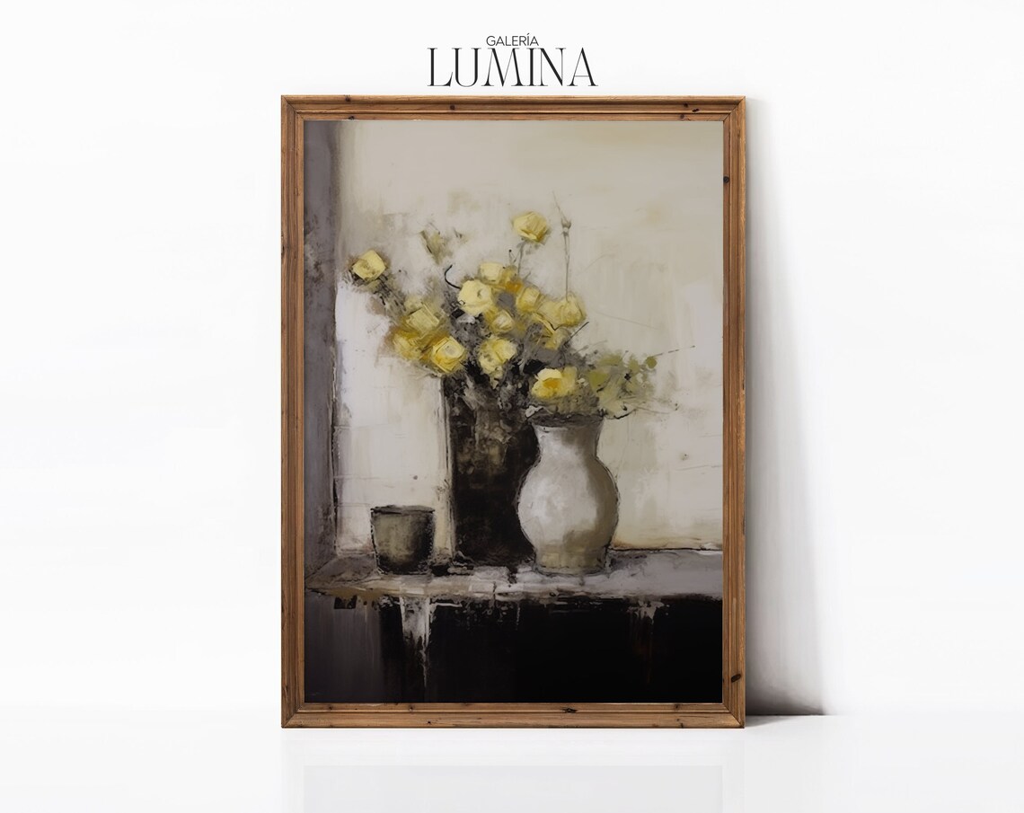 Yellow Roses in White Vase Moody Still Life Oil Painting Poster - Image 3