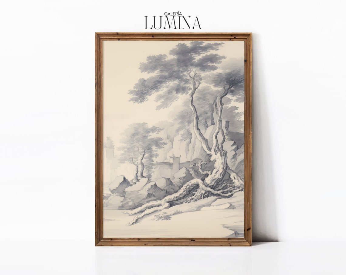 Old Tree Blue Drawing Rustic Tree Sketch Wall Art Tree Study Drawing Vintage Landscape Nature Print Art Frame Tv Art 019 - Image 3
