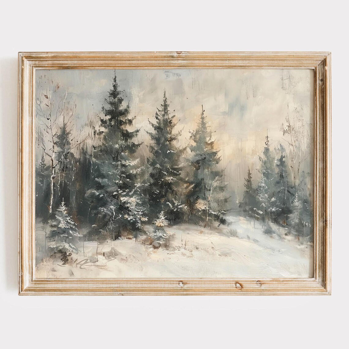 Vintage Winter Pine Forest Snow Landscape Painting Moody Poster