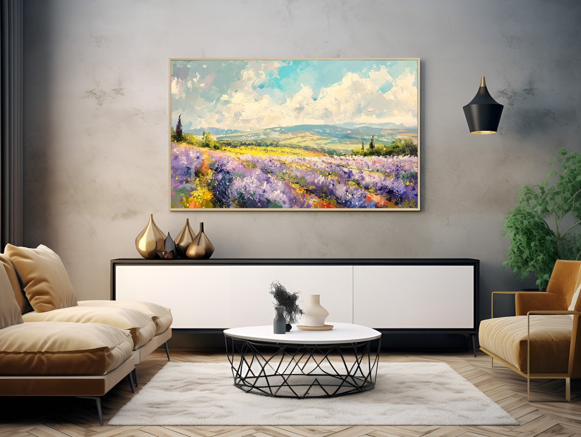 Purple Lavender Field Rolling Hills Summer Landscape Painting Poster - Image 2