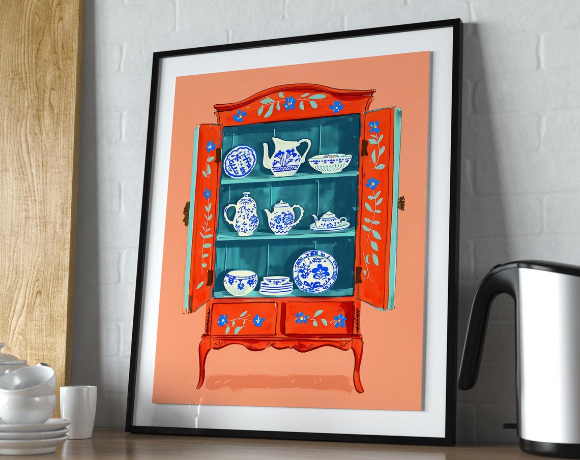 Red Painted Hutch With Blue White Porcelain Collection Poster - Image 4
