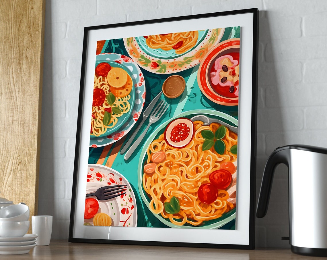 Italian Pasta Dinner Table Spaghetti Bowls Colorful Food Print - Image 4