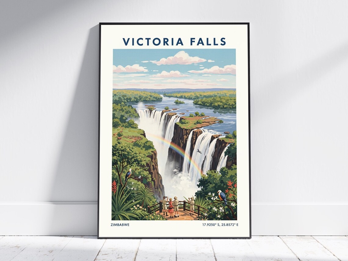 Victoria Falls Zimbabwe Rainbow Waterfall Vintage Travel Poster