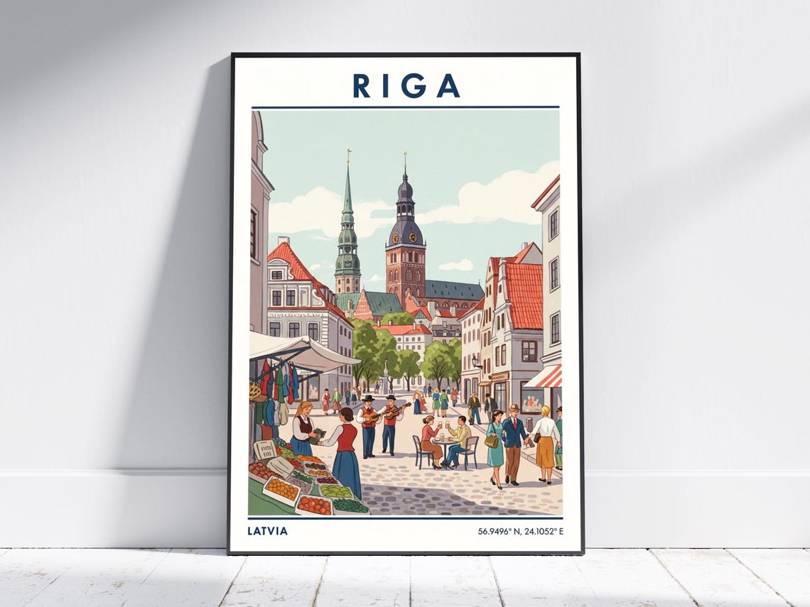 Riga Latvia Vintage Old Town Market Spires Street Scene Poster