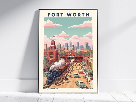 Fort Worth Vintage Texas Cattle Drive Train Retro Travel Poster
