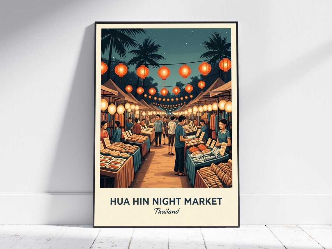 Hua Hin Night Market Thailand Lantern Glow Vintage Travel Poster