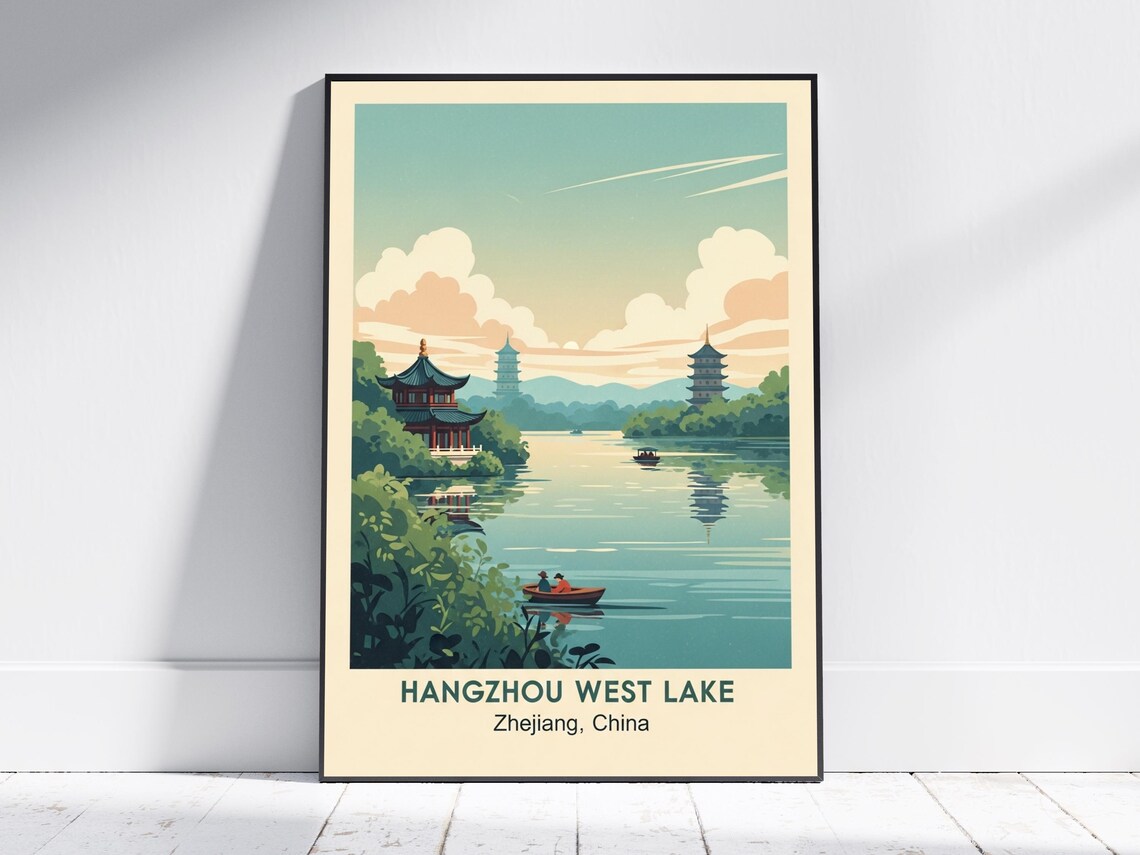 Hangzhou West Lake China Pagoda Rowboats Vintage Travel Poster