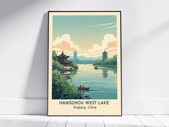Hangzhou West Lake China Pagoda Rowboats Vintage Travel Poster