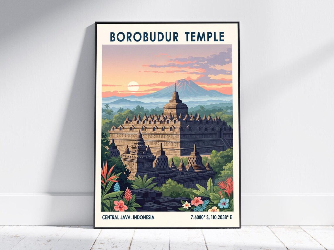 Borobudur Temple Indonesia Vintage Travel Poster Volcano Sunset Art