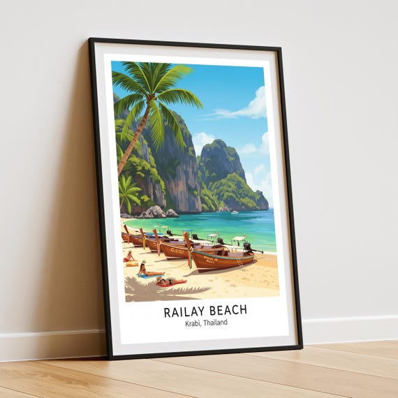Rlay Beach Poster Green And Blue Coastal Illustration Krabi Thland Art Tropical Vacation Decor For Living Room Bedroom