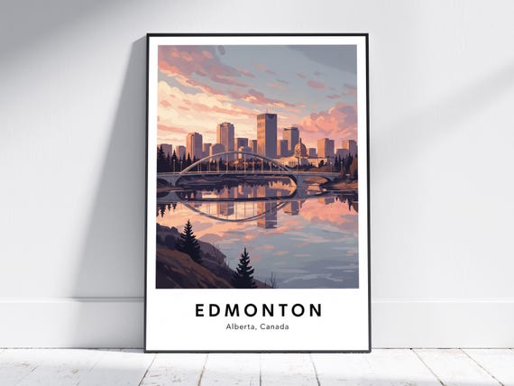 Edmonton Cityscape Art Print Pink Orange Sunset Vintage Style Alberta Skyline Blue And Purple Reflection For Living Room Decor
