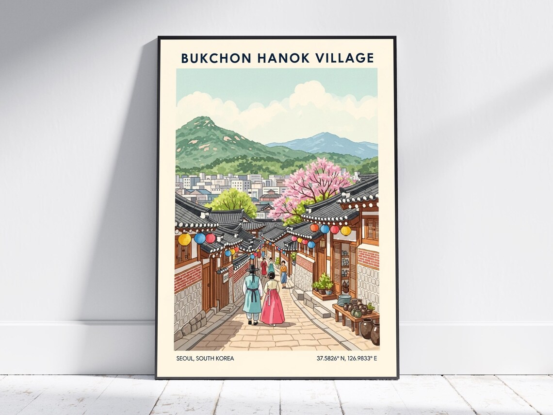 Bukchon Hanok Village Seoul South Korea Alley Vintage Travel Poster