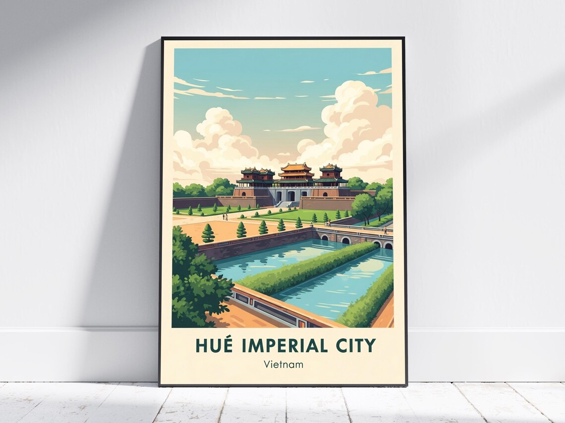Hue Imperial City Vietnam Art Print Teal And Green Vintage Travel Asian Architecture Poster Blue Orange Decor Living Room