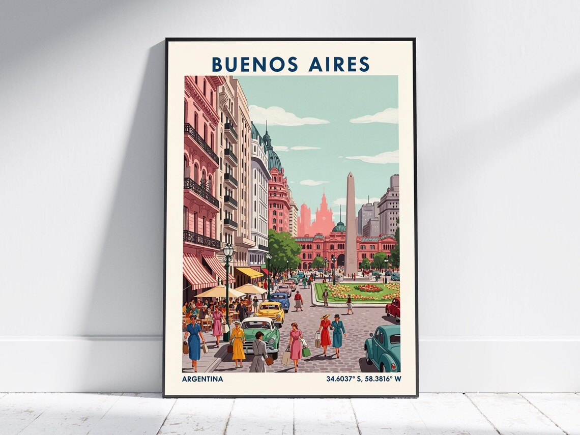 Buenos Aires Argentina Travel Poster with Obelisk and Classic Cars