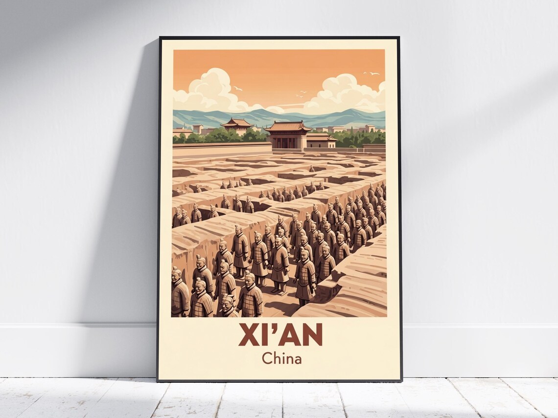 Xian China Terracotta Warriors Army Vintage Travel Culture Poster