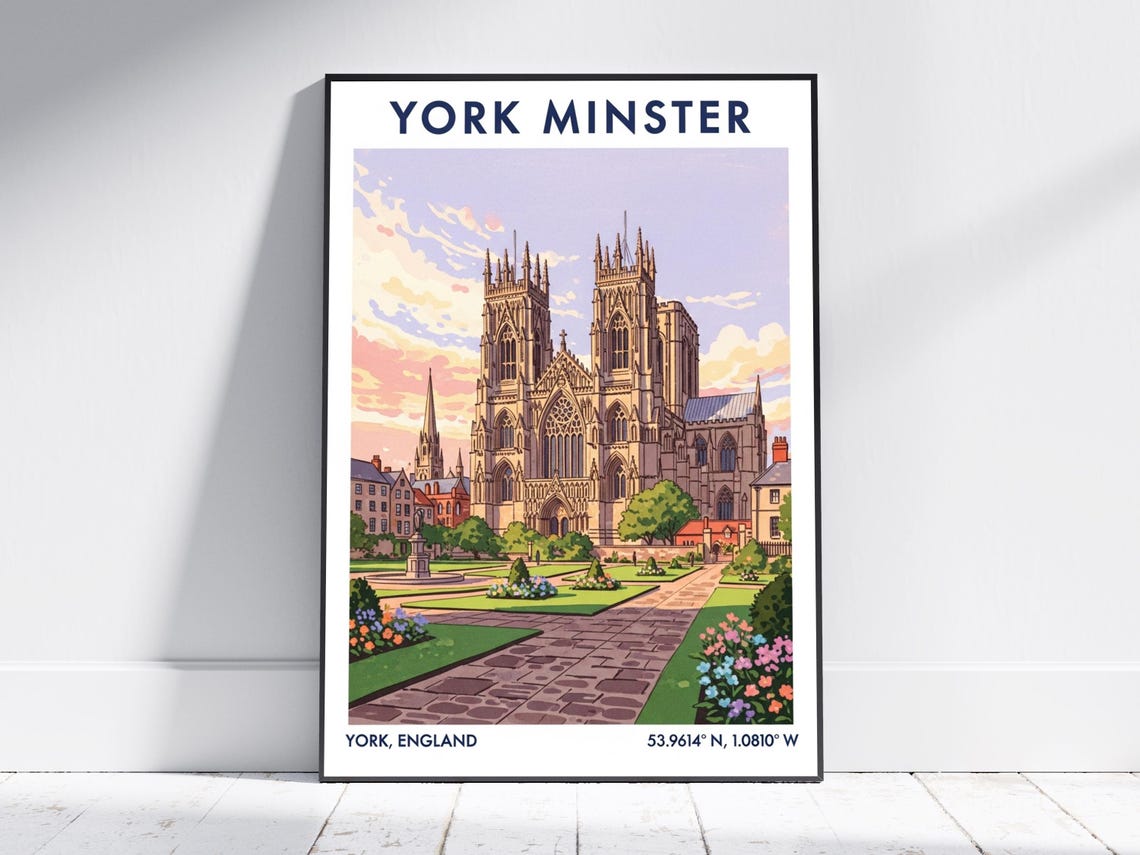 York Minster England Gothic Cathedral Garden Vintage Travel Poster