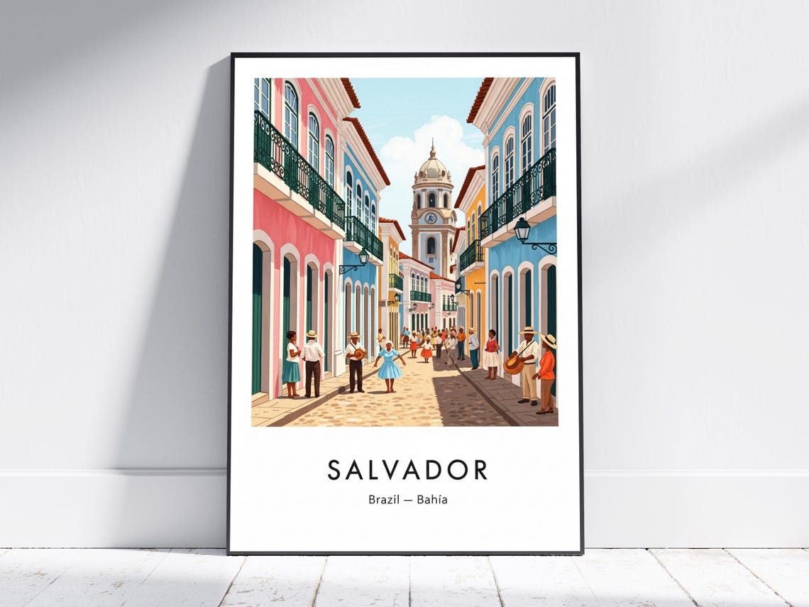 Salvador Pelourinho Art Print Travel Vintage Poster Brazilian Cultural Living Room Decor