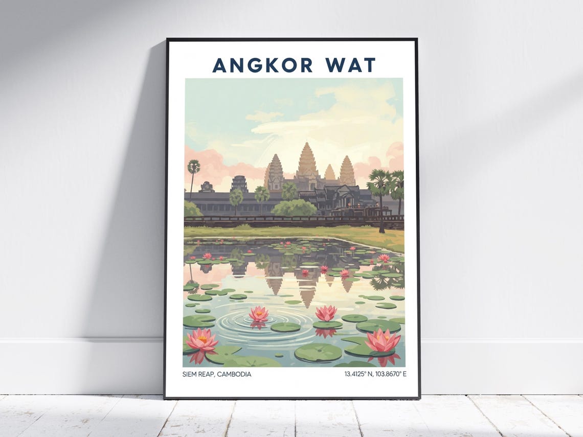 Angkor Wat Cambodia Temple Reflection Lotus Pond Travel Poster