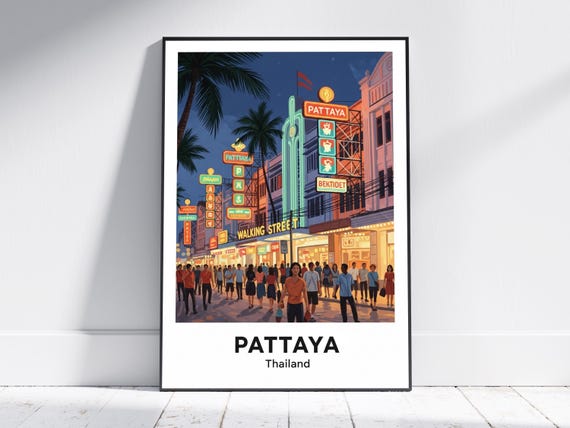 Pattaya Thailand Art Print Poster Orange And Teal Cityscape Vintage Travel Neon Nightlife Decor For Living Room Or Office