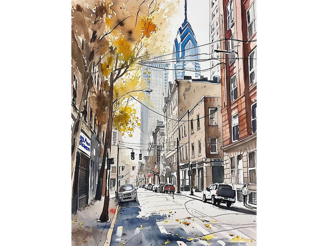 Philadelphia Locust Street Watercolor Art Print, Cityscape