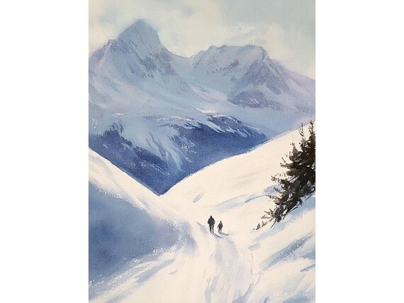Snowy Mountain Peak Winter Hikers Trail Alpine Watercolor Poster