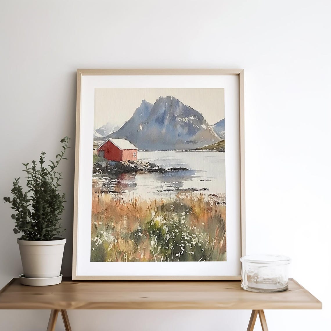 Red Cabin on a Nordic Fjord Beneath Mountain Peaks Watercolor Poster - Image 4