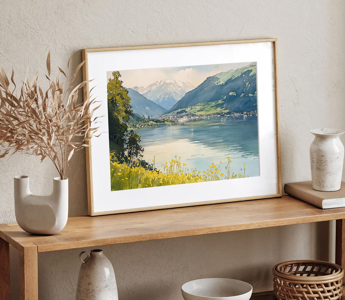 Tranquil Alpine Lake Village Beneath Snowcapped Mountains Poster - Image 2