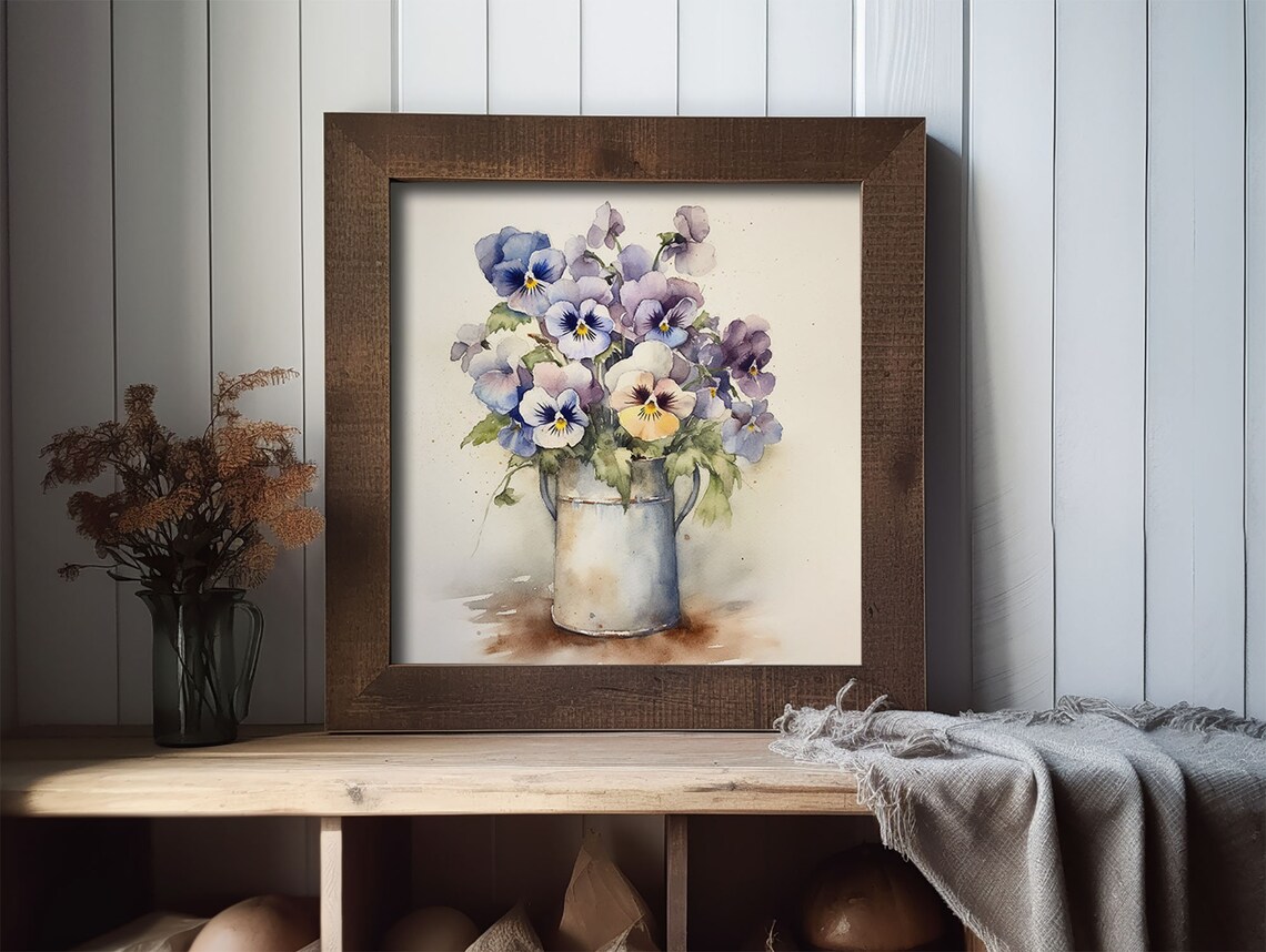 Pansy and Violets in Enamel Pot, Watercolor Art Print - Image 2