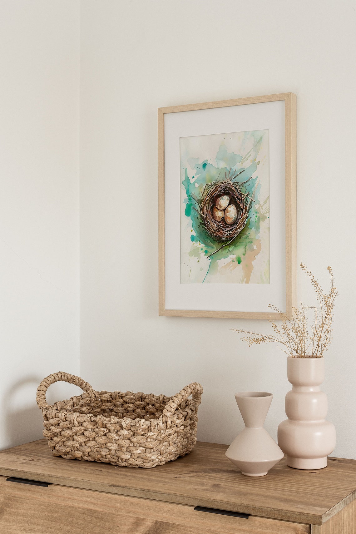 Watercolor Bird Nest Three Eggs Teal Splash Spring Art Poster - Image 4