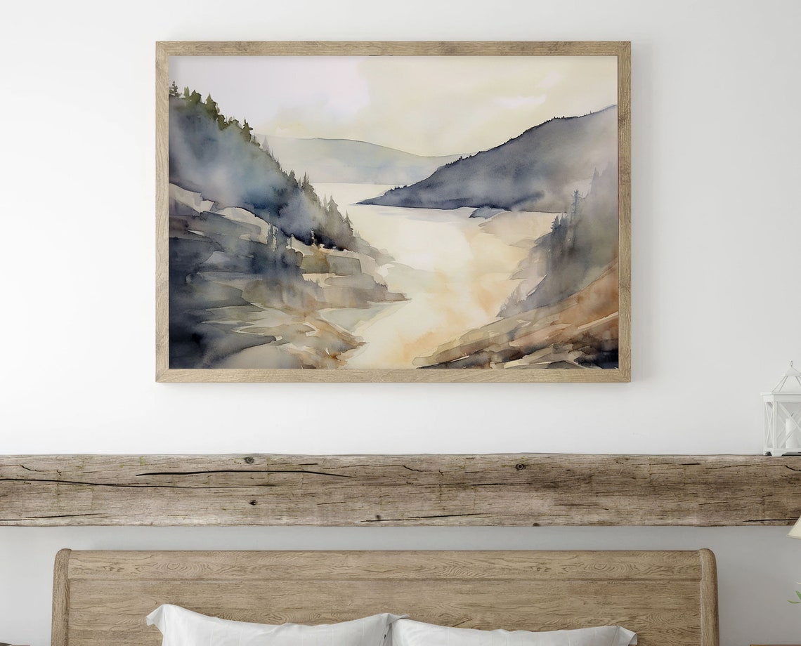 Golden River Valley Flowing Between Soft Misty Hills Watercolor Poster - Image 2