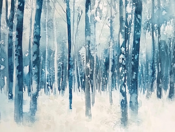 Monochrome Blue Snowy Pine Forest Winter Trees Watercolor Wall Art