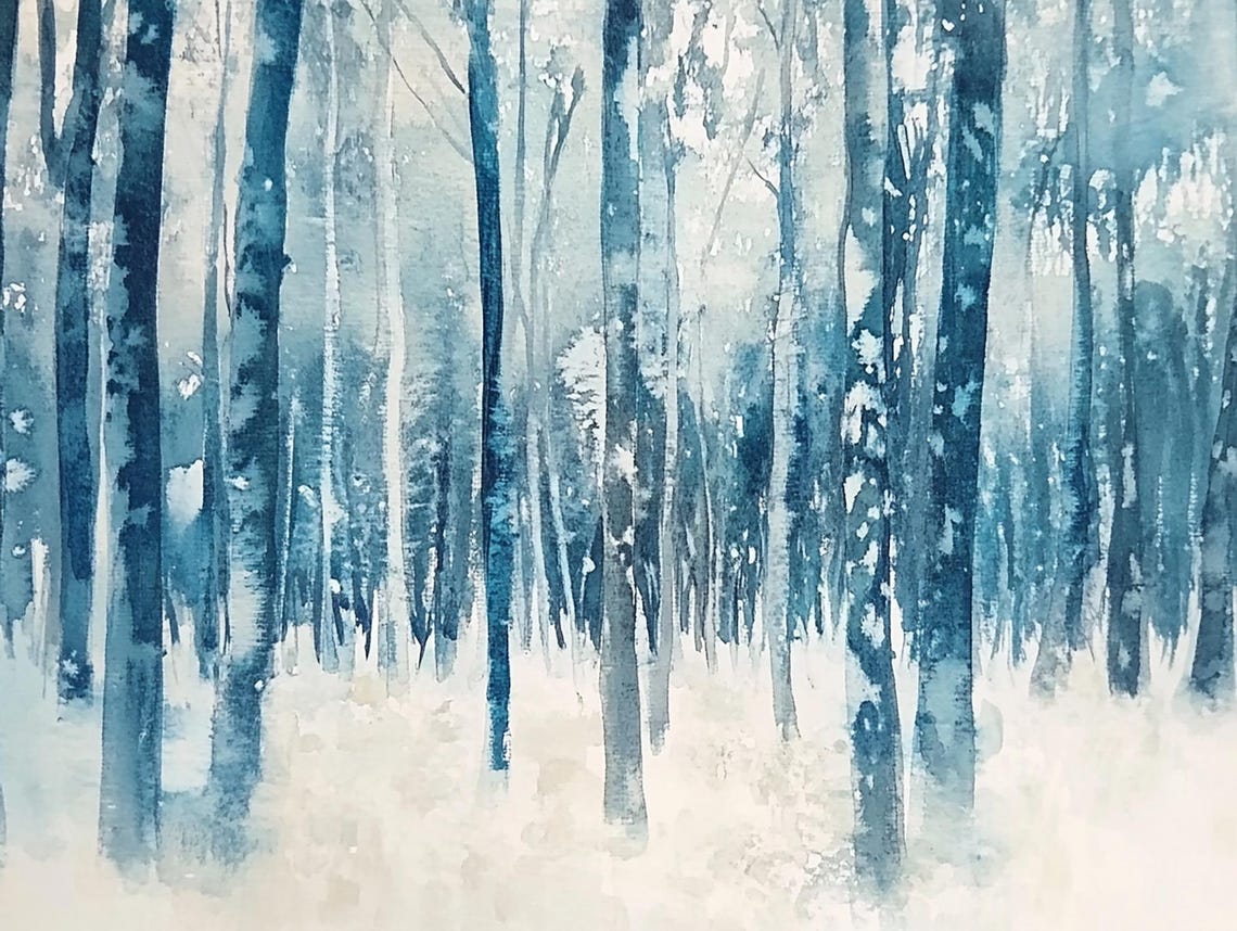 Monochrome Blue Snowy Pine Forest Winter Trees Watercolor Wall Art